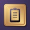 Purple Police report icon isolated on purple background. Gold square button. Vector