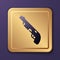 Purple Police shotgun icon isolated on purple background. Hunting shotgun. Gold square button. Vector