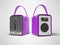 Purple portable radio column for listening to leather bound music 3D render on gray background with shadow