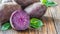 Purple potatoes, copyspace on a side