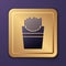 Purple Potatoes french fries in carton package box icon isolated on purple background. Fast food menu. Gold square