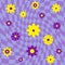 Purple psychedelic squares geometric pattern with flowers Optical background 60s