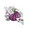 Purple pumpkin, Great Masterwort flowers, Trillium flower, leaves branches watercolor arrangement isolated on white Elegant