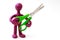 Purple puppet of plasticine holding green scissors