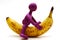 Purple puppet of plasticine riding on banana
