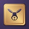 Purple Rabbit head icon isolated on purple background. Gold square button. Vector