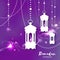 Purple Ramadan Kareem celebration greeting card. Hanging arabic lamps