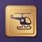 Purple Rescue helicopter icon isolated on purple background. Ambulance helicopter. Gold square button. Vector