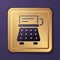 Purple Retro typewriter and paper sheet icon isolated on purple background. Gold square button. Vector