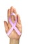 purple ribbon in hand, Symbol of Epilepsy, Alzheimer& x27;s disease, Pancreatic cancer, Thyroid cancer. Vertical orientation