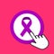 Purple ribbon icon. Cancer survivor concept. Hand Mouse Cursor Clicks the Button