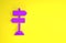 Purple Road traffic sign. Signpost icon isolated on yellow background. Pointer symbol. Isolated street information sign