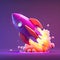 A purple rocket with fiery flames on a neon background.