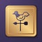 Purple Rooster weather vane icon isolated on purple background. Weathercock sign. Windvane rooster. Gold square button