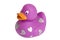 Purple rubber duck with silvery hearts isolated over white