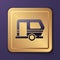 Purple Rv Camping trailer icon isolated on purple background. Travel mobile home, caravan, home camper for travel. Gold