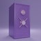 Purple Safe box font view on light purple background. Closed metallic safe box. Realistic magenta safe. 3d render illustration