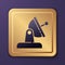 Purple Satellite dish icon isolated on purple background. Radio antenna, astronomy and space research. Gold square