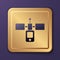 Purple Satellite icon isolated on purple background. Gold square button. Vector