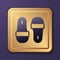 Purple Sauna slippers icon isolated on purple background. Gold square button. Vector