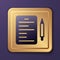 Purple Scenario icon isolated on purple background. Script reading concept for art project, films, theaters. Gold square