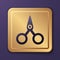 Purple Scissors icon isolated on purple background. Cutting tool sign. Gold square button. Vector Illustration