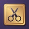 Purple Scissors icon isolated on purple background. Cutting tool sign. Gold square button. Vector Illustration