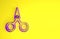 Purple Scissors icon isolated on yellow background. Cutting tool sign. Minimalism concept. 3d illustration 3D render