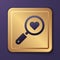 Purple Search heart and love icon isolated on purple background. Magnifying glass with heart inside. Gold square button