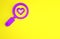 Purple Search heart and love icon isolated on yellow background. Magnifying glass with heart inside. Minimalism concept