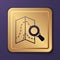 Purple Search location icon isolated on purple background. Magnifying glass with pointer sign. Gold square button