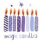 Purple set of magic wiccan wax candles stars and lettering