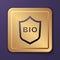 Purple Shield for bio green healthy food icon isolated on purple background. Organic product. Healthy food sticker. Gold