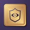 Purple Shield eye scan icon isolated on purple background. Scanning eye. Security check symbol. Cyber eye sign. Gold
