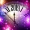 Purple shiny 2019 New Year background with clock and lights.