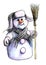 purple Siberian snowman in winter hat and warm knit scarf standing on a white background isolated with a broom in his hand. paint