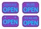 Purple sign Come in we are Open. Yes we are open signboard with shadow isolated on white background. Vector