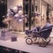 Purple silver whit Strollers baby designer store front inside lobby Generative AI