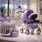 Purple silver whit Strollers baby designer store front inside lobby Generative AI