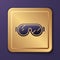 Purple Ski goggles icon isolated on purple background. Extreme sport. Sport equipment. Gold square button. Vector