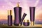 Purple skincare cosmetics series vector illustration, realistic purple luxury bottles and packaging with golden labels