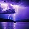 a purple sky with a large amount of lightning in it and a boat in the water below it and a dark cloud filled with