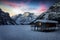 A purple sky over the frozen Lago di Braies, or Pragser Wildsee