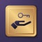 Purple Solution to the problem in psychology icon isolated on purple background. Key. Therapy for mental health. Gold