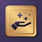 Purple Sparkle stars with magic trick icon isolated on purple background. Magic christmas decoration. Gold square button