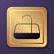 Purple Sport bag icon isolated on purple background. Gold square button. Vector
