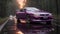 A purple sports car driving on a wet road.