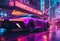 purple sports car on a rainy night in front of neon signs