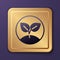 Purple Sprout icon isolated on purple background. Seed and seedling. Leaves sign. Leaf nature. Gold square button