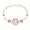 Purple square and round crystal gemstone with gold element. Beautiful jewelry bracelet. Watercolor drawing bracelete